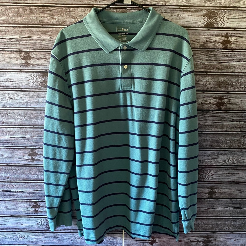 LL Bean Men's Long-Sleeved Polo Shirt‎ Size XL Traditional Fit Striped Teal/Blue